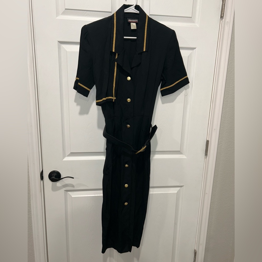 Vintage 80s JOHN ROBERTS Womens Blazer Dress Black Gold Trim Retro Dynasty 9/10‎